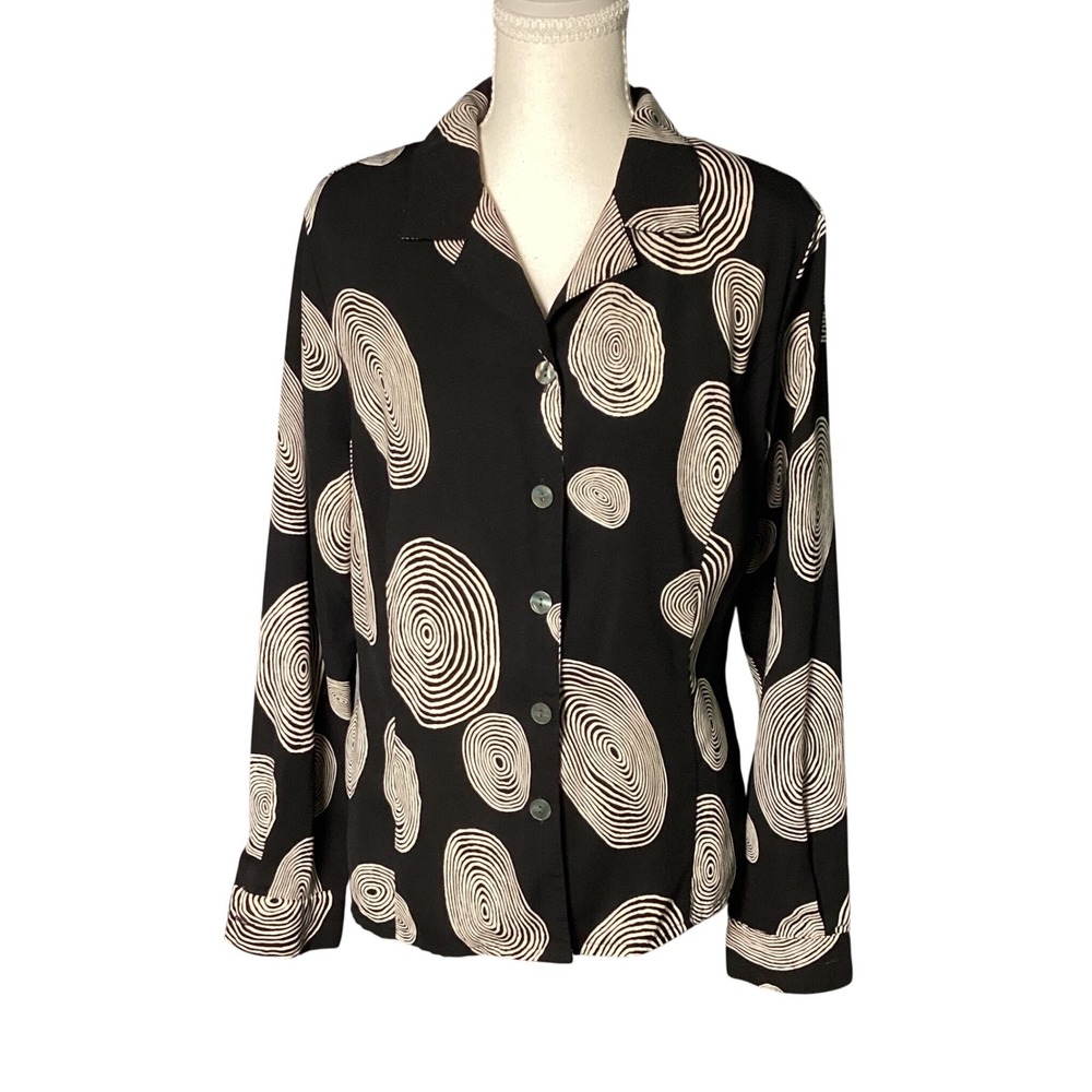 Kathy Che Abstract Swirl Blouse Women Size 10 Black White Long Sleeve Button Up